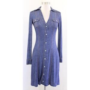 Cache Blue Denim Print V Neck Faux Button Up Long Sleeve Dress Size XS Bodycon